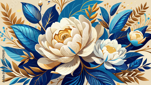 Beautifully arranged cream colored flowers with gold accents and blue leaves create a refined design, merging classic elegance, soft textures, radiant metallic glow, and vibrant contrast for a timeles