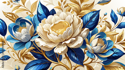 Delicate cream colored flowers with gold accents and blue leaves form an elegant botanical arrangement, shimmering softly with artistic charm, blending pastel tones and luxury highlights in a graceful