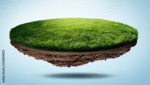 a circular piece of terrain levitating covered in vibrant green grass exposed earth layers beneath
