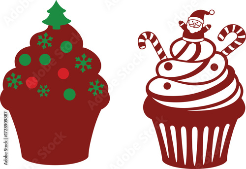Christmas cupcake, festive dessert, holiday treat, Santa decoration, candy cane swirl, tree topping, vector art, seasonal sweet, decorative pastry, celebration food