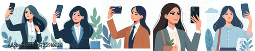 Businesswoman Taking Selfie Vector Set – Professional and Casual Office Lifestyle