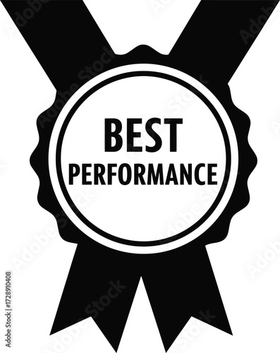A black and white graphic icon of a 'Best Performance' award medal, featuring a circular seal with text and a crossed ribbon.