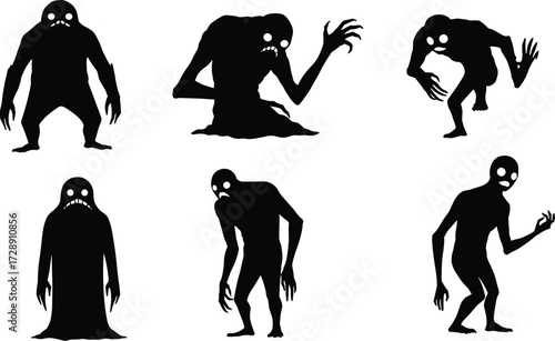 Creepy shadow monster silhouettes, scary creature designs with glowing eyes, horror fantasy character concept art, spooky nightmare beings for Halloween and dark themes