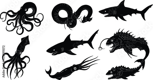 Deep sea creature silhouettes, giant squid, shark, octopus, anglerfish, sea serpent, underwater monster, scary ocean animals, abyss predators, fantasy marine illustration, black design