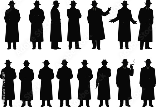 Detective silhouettes in trench coats, noir mystery characters, vintage crime poses, secret agent style, classic film noir illustration, shadowy figures, fedora fashion icons