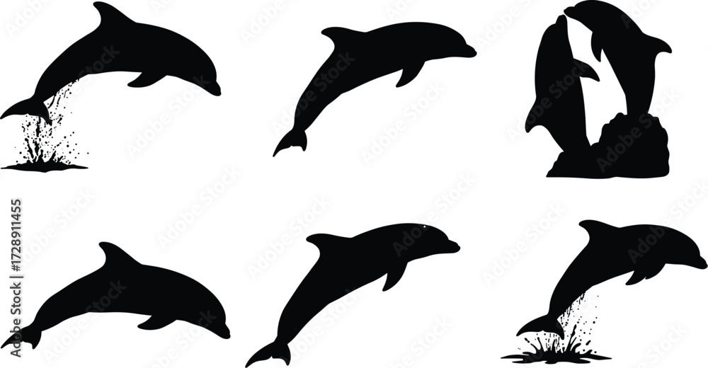 Obraz premium Dolphin silhouette vector illustration, jumping dolphins artwork, marine mammal design, ocean wildlife graphic, aquatic sea creature drawing, underwater animal icon, nature inspired art