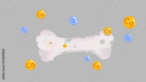 Educational cartoon video showing damaged bone restored by calcium and vitamin D supplements with floating symbols