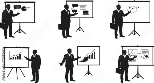 Business presentation silhouette, corporate professional, office worker, flip chart, data analysis, 