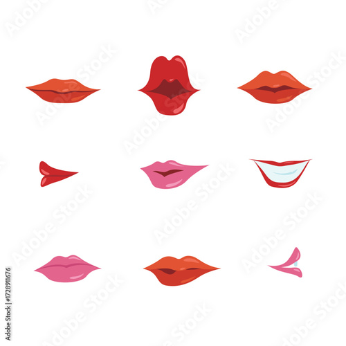 Red, prink and orange color female lips collection. Cartoon cute mouth expressions facial set. Vector illustration of sexy woman's lips. Smile, kiss. beauty concept, Pop art Style.