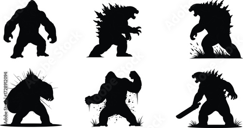 Gorilla and monster silhouettes, giant beast illustrations, dinosaur lizard kaiju designs, wild creature artwork for fantasy, battle, danger, destruction, power, mythology, and strength themes
