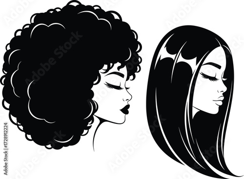 Elegant female profile illustration, afro hairstyle and straight hair, black and white vector art, beauty diversity, multicultural women, fashion silhouette design
