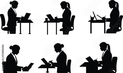 Business silhouette, office worker, corporate professional, laptop desk, digital tablet, workplace productivity, teamwork communication, executive posture, study environment, professional success