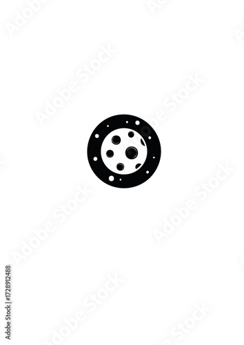 Simple black and white vector illustration of a cratered moon or planet surrounded by stars. Minimalist celestial icon for astronomy or science concepts