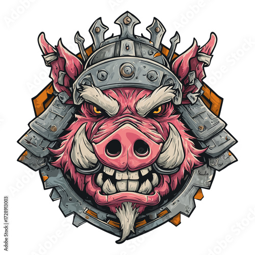 Angry pink boar head with samurai armor