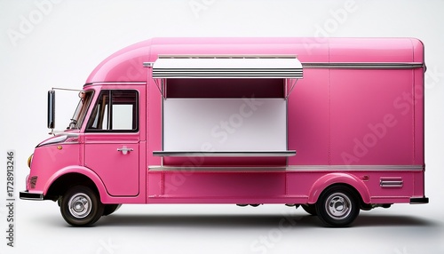 pink food truck with a large blank white panel for mockup branding on a white background for food business sites catering service promotions or street food festival ads