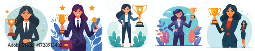 Business Woman Winning Trophy Vector Set – Achievement, Success, and Award Illustration