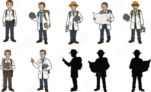 Geologist character, career stages, professional roles, earth science, vector illustration, silhouette set, geology tools, lab coat, rock study, fieldwork