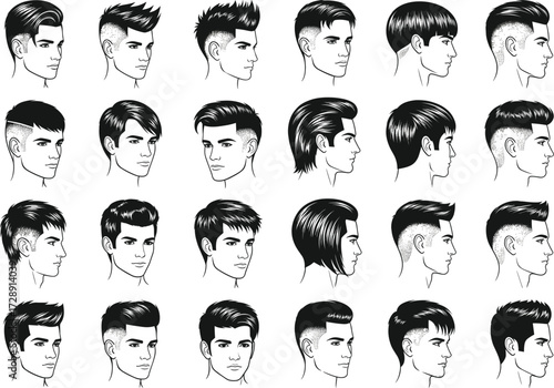 Male hairstyle vector pack, side profile haircut illustrations, modern and classic styles, barber reference sheet, editable grooming design, fashion salon content