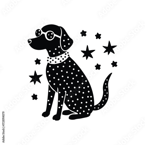 Dalmatian mix sitting with glasses and polka dot bow