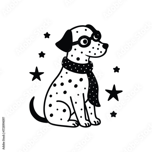 Dalmatian mix wearing round glasses and a scarf