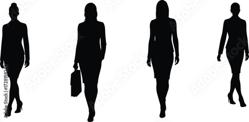 Businesswoman silhouette, corporate professional, office worker, walking posture, high heels, briefcase, leadership, teamwork, executive success, professional attire, workplace communication, career