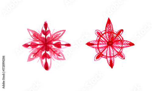 Two vibrant red stars display intricate designs, showcasing a blend of shapes and patterns perfect for festive decorations or art projects. Ideal for enhancing creativity.