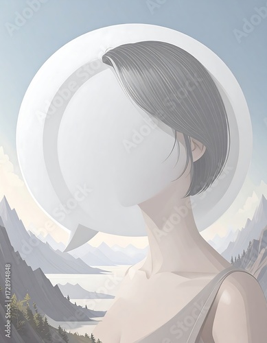 Woman with empty speech bubble, landscape
