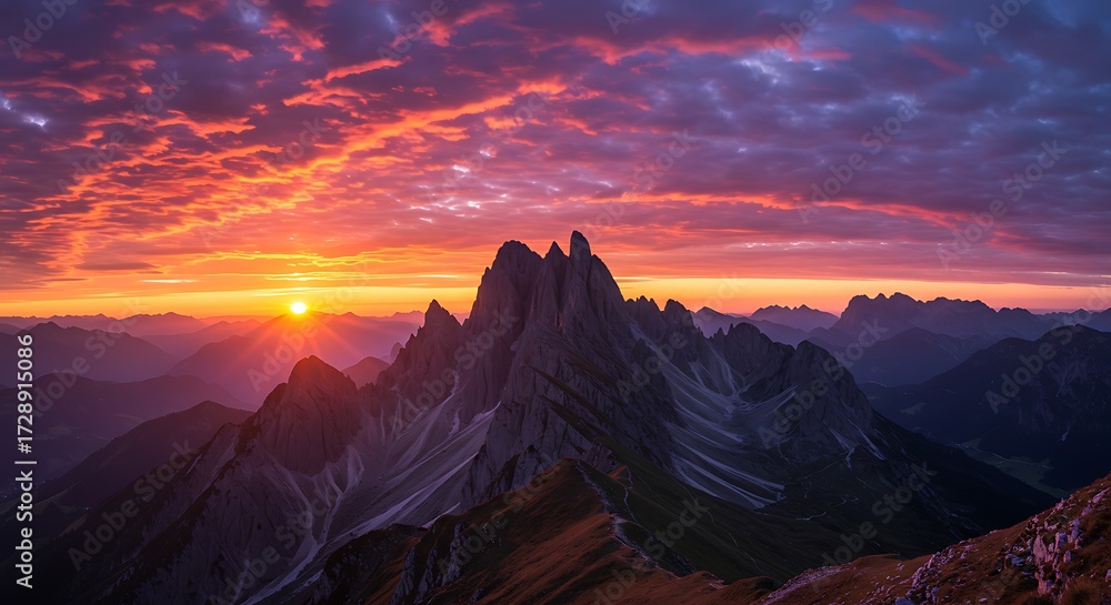Fototapeta premium Dramatic Sunrise Over the Seceda Ridgeline in the Italian Dolomites.