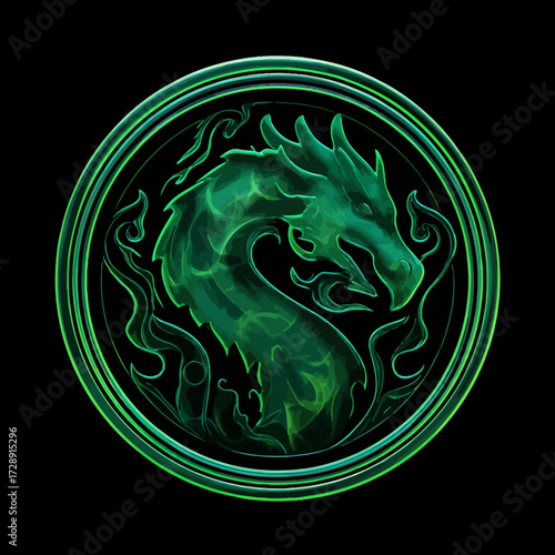 Emerald dragon encircled by a rim of green flames, isolated on a black background