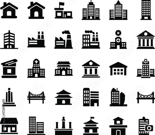 Collection of diverse building icons in silhouette style