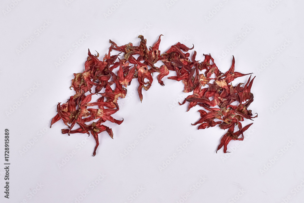 Naklejka premium Dried hibiscus tea, roesella red tea drink ingredients, dried rosella
