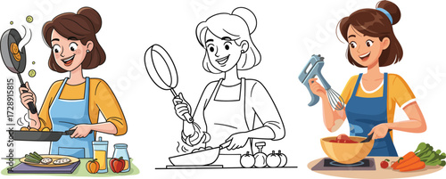 Woman cooking in kitchen, frying and mixing food, colorful and line art styles, culinary activity illustration, joyful chef character, home cooking scene