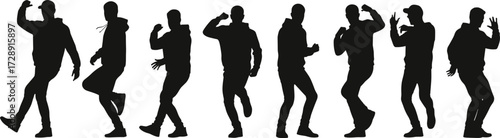 Urban hoodie silhouette poses, dynamic dance movements, expressive body language, black figure illustration, motion sequence, youth culture, street style, choreography, vector art