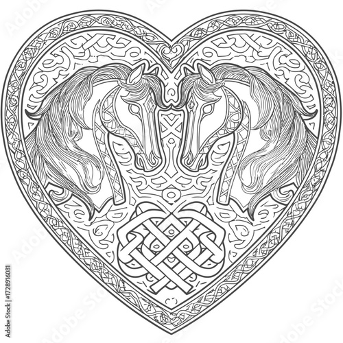 Intricate black and white heart illustration featuring two horse heads and Celtic knotwork