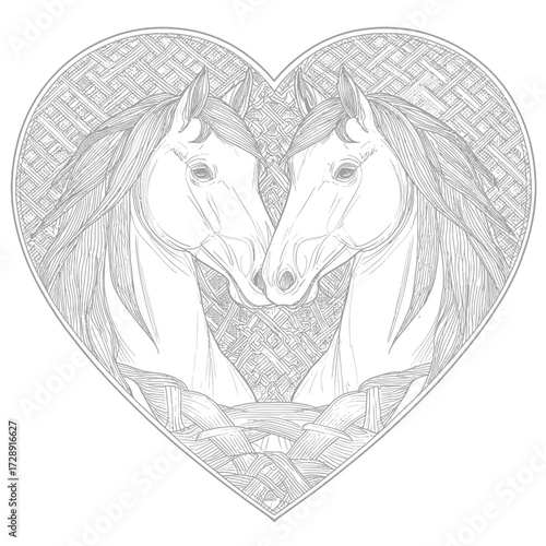 Two horse heads touching noses in a heart-shaped celtic knot pattern design in gray lines