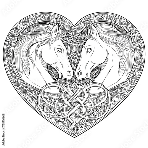 Heart-shaped Celtic knot design with two horses' heads