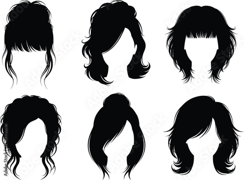 Women's hairstyle silhouette vector set, black hair icons, curly, wavy, layered, bun, bangs, fashion beauty design for salon, stylist, poster
