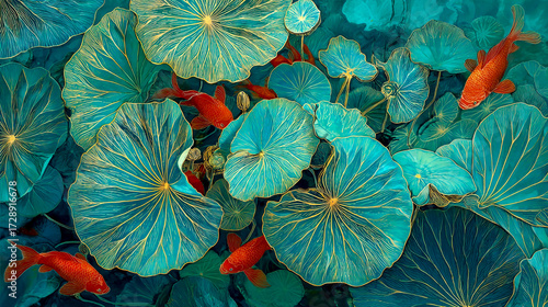 A vibrant and detailed painting of lotus leaves, with turquoise hues and gold accents