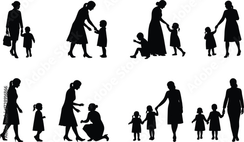 Mother and child silhouette, caregiving pose, nurturing gesture, black vector, parenting icon, emotional bond, child development, family scene, support figure, interaction set