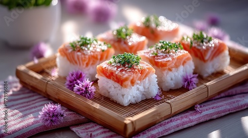 Salmon Sushi Topped with Greens on Woven Bamboo Mat with Floral Accents Under Natural Sunlight