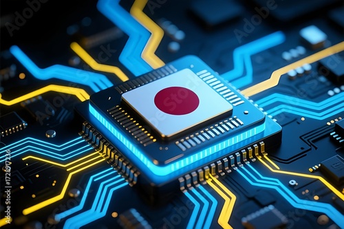 Electronic circuit board. Semiconductor microchip with Japan flag. Country leadership in global chip manufacturing and advanced technology innovation. precision engineering, digital industry