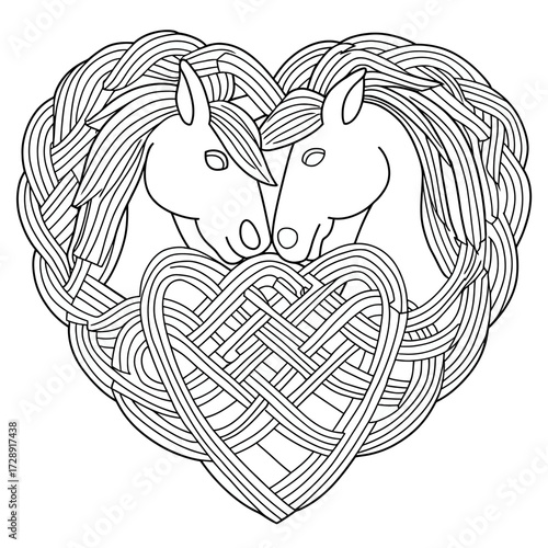 Intertwined horses surrounded by a braided heart. Black and white drawing, simple shapes