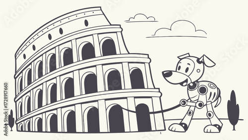 Cartoon dog on a leash walking past the ancient Roman Colosseum under a cloudy sky, black and white illustration.