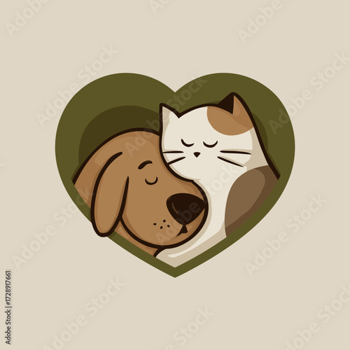 A cute cartoon dog and cat snuggling together, framed by a heart shape