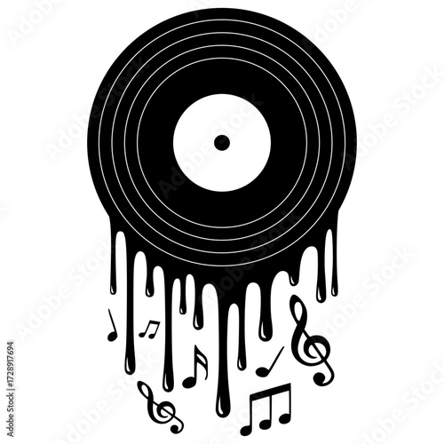 Dripping vinyl record with melting music notes, music, vinyl, retro, DJ, audio