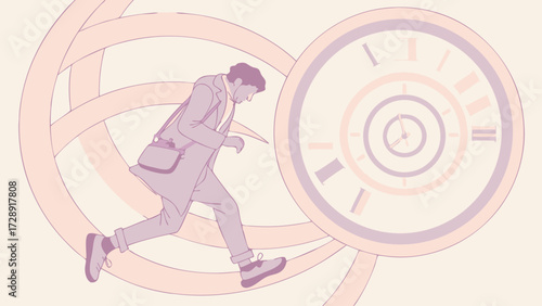 A man runs past a clock, symbolizing the concept of time and urgency.