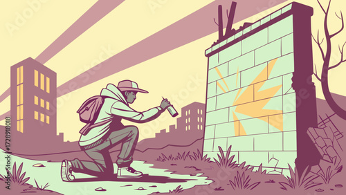 An illustration of a person spray-painting a yellow design on a brick wall in a stylized urban landscape.
