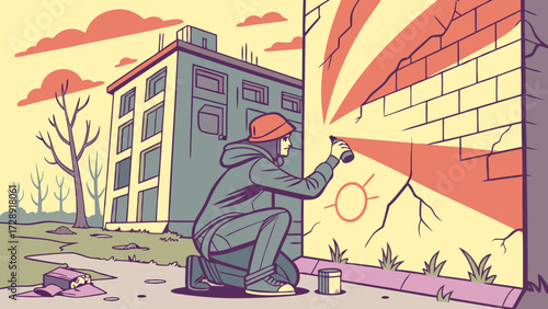 A person in a beanie spray paints a brick wall with a sun design, outdoors.