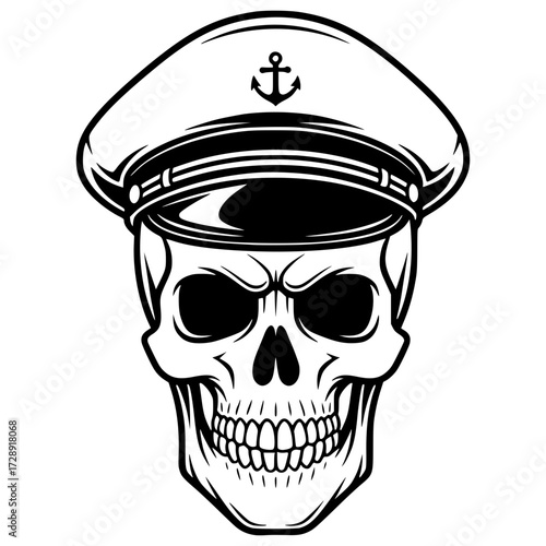 Skull wearing a captain's hat with an anchor, nautical, pirate, sailor, marine, skull