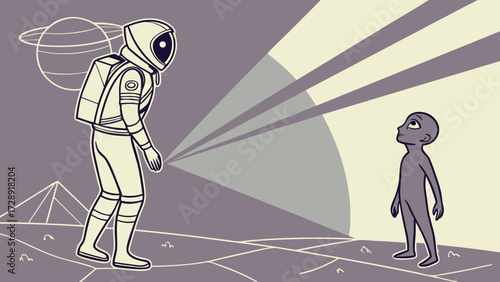 Retro science fiction illustration of an astronaut meeting a small alien on a distant planet.
